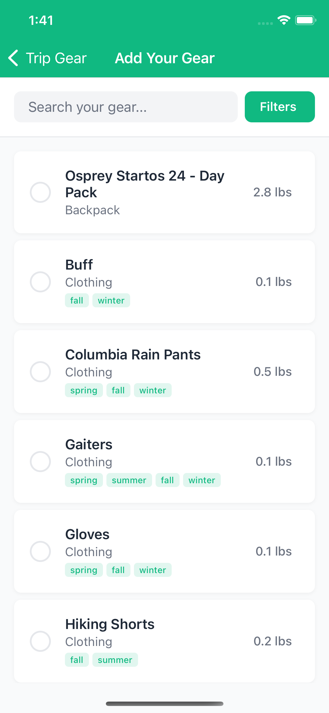 Add Gear From Personal Screen
