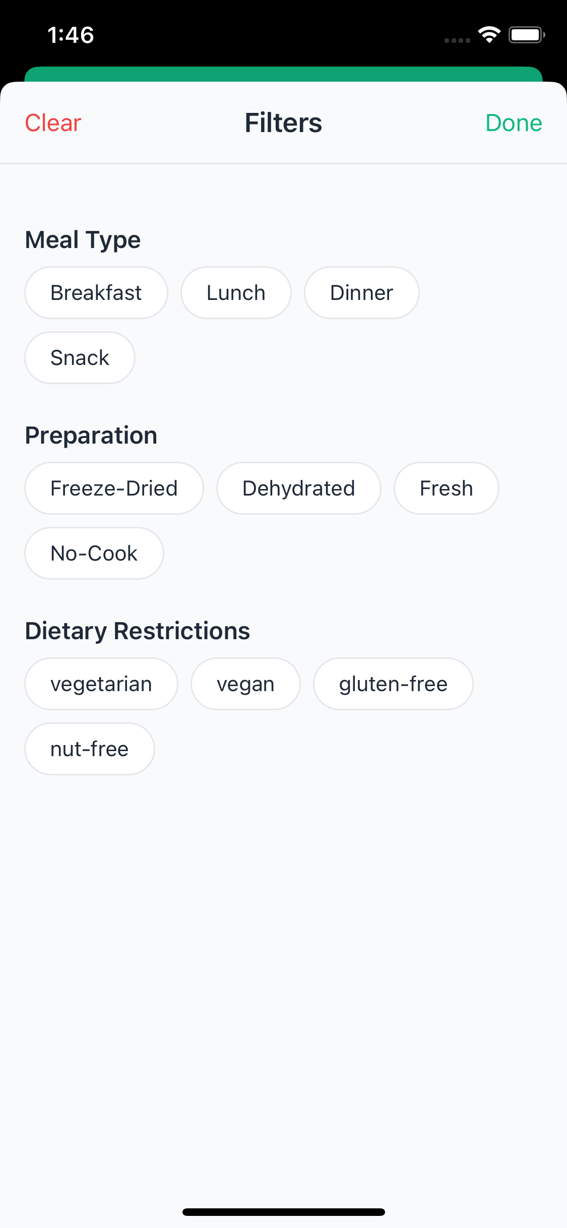 Meal with Filters Screen