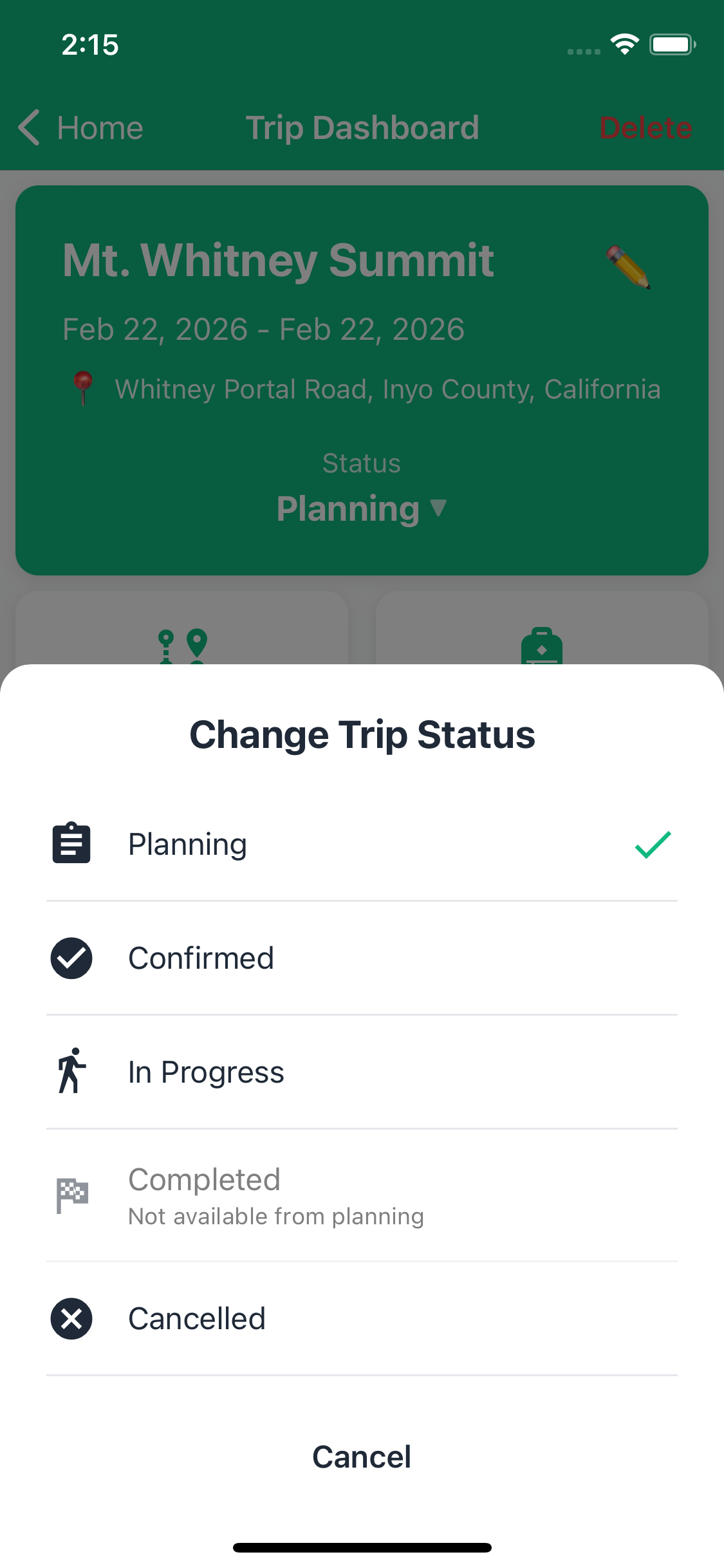 Trip Change Status Screen